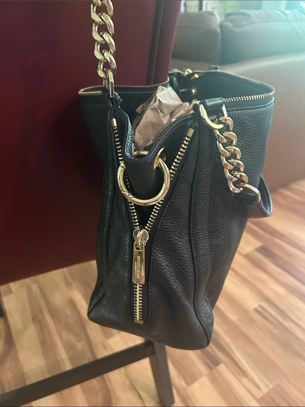 Michael Kors Black Leather Shoulder Bag with Gold Chain Accents